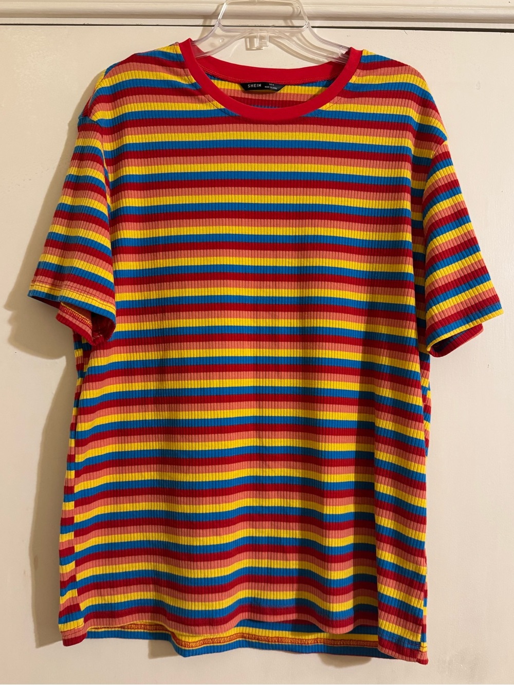 SHEIN Red Ribbed Tee with Rainbow Stripes